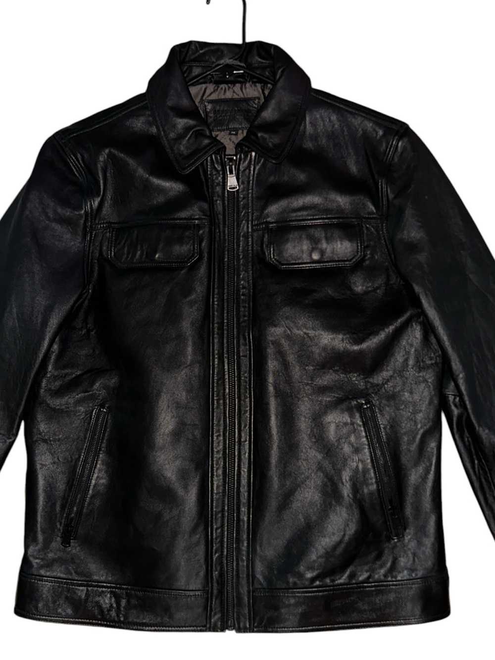Perry Ellis Portfolio black leather jacket featuring a quilted interior lining - Picture 13 of 17